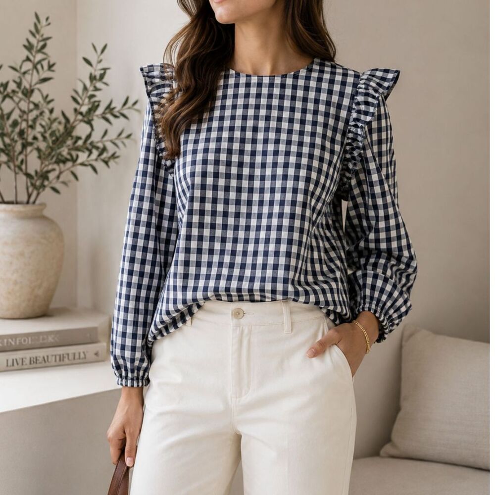 J.Crew Navy Gingham Ruffle Shoulder Blouse NWT Cotton Large Peasant Preppy